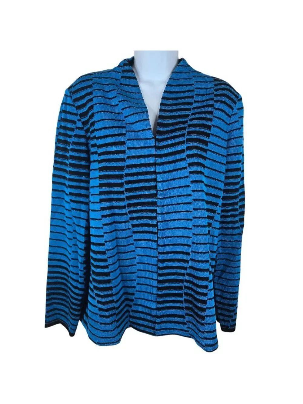 Ming Wang Striped Open Front Cardigan Sweater Womens XL Blue Black